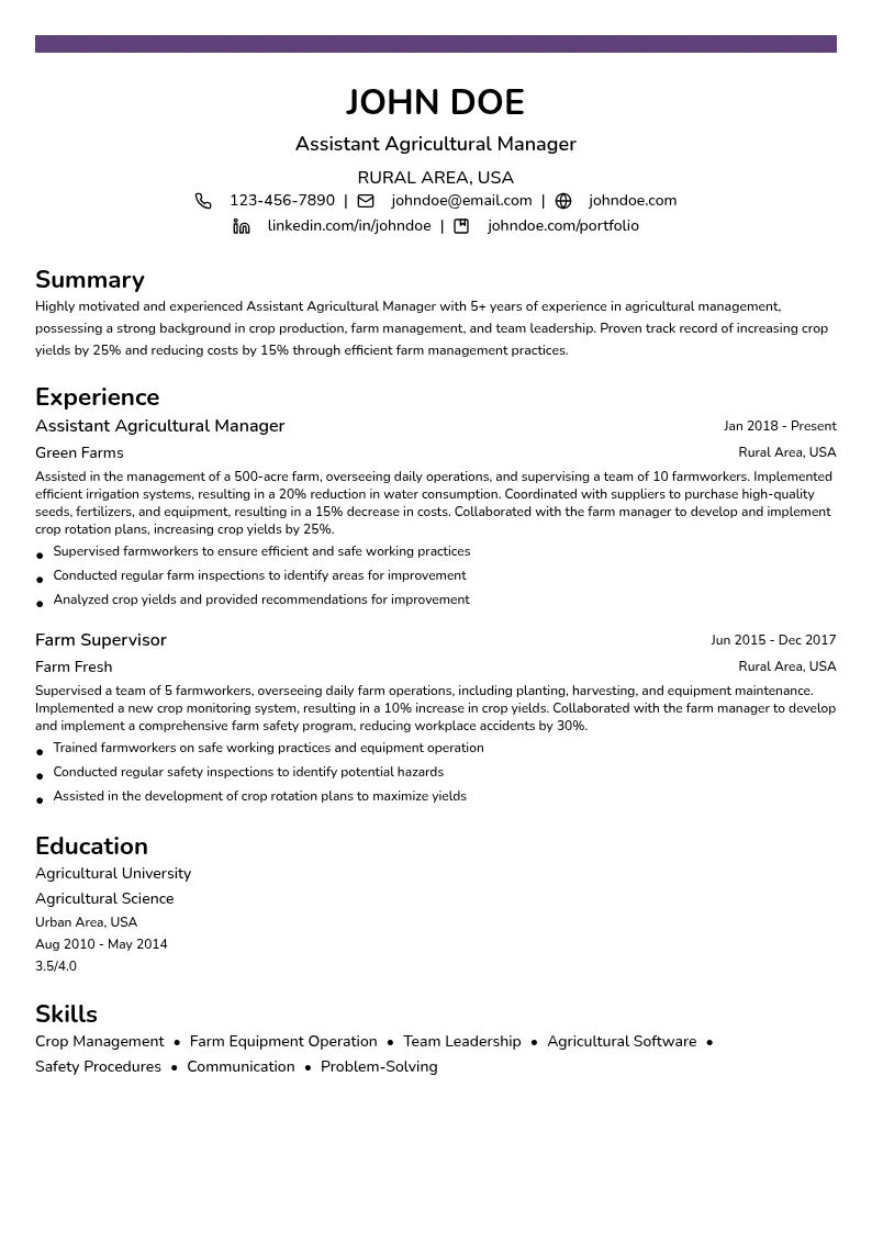 Assistant Agricultural Manager resume example