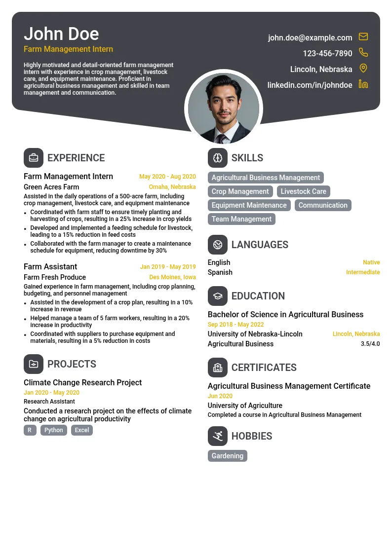 Farm Management Intern resume example