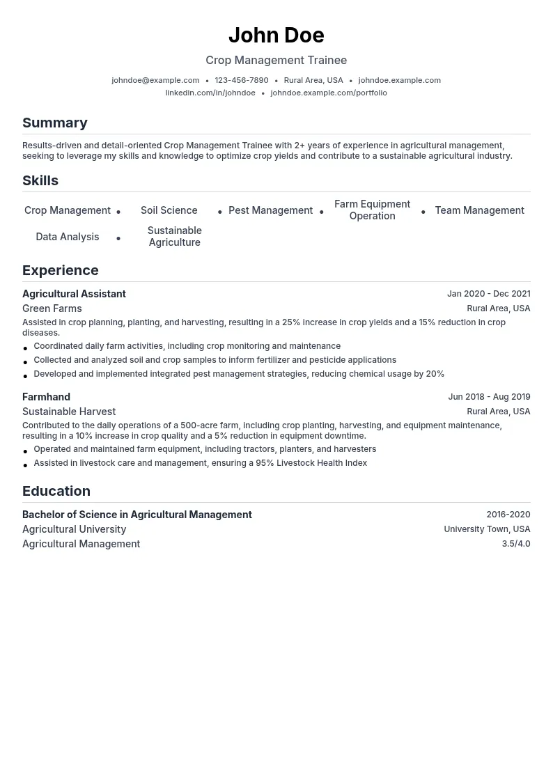 Crop Management Trainee resume example