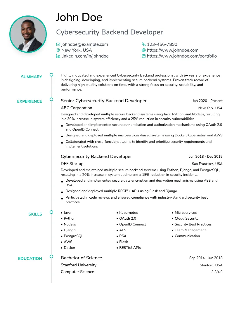Cybersecurity Backend resume example