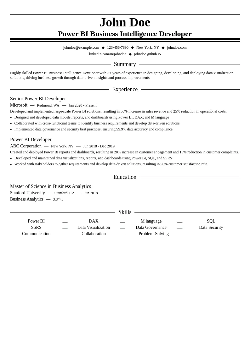 Power BI Business Intelligence Developer resume example