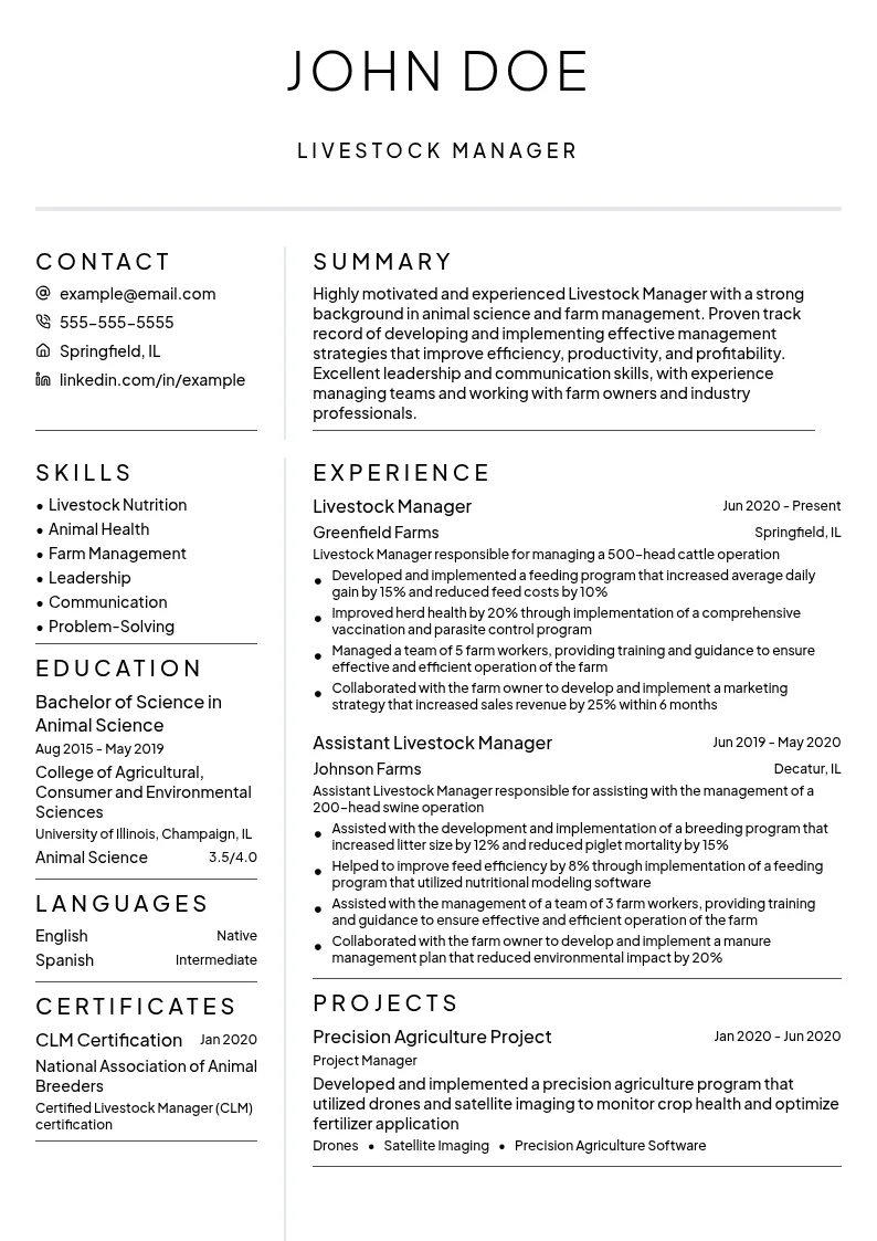 Livestock Manager resume example