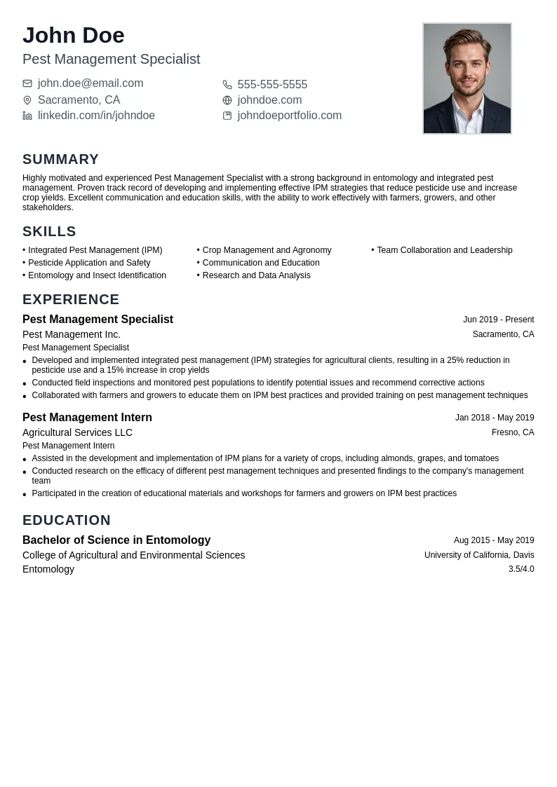 Pest Management Specialist resume example