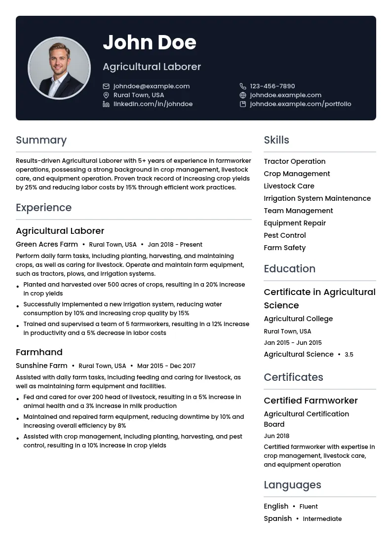 Agricultural Laborer resume example