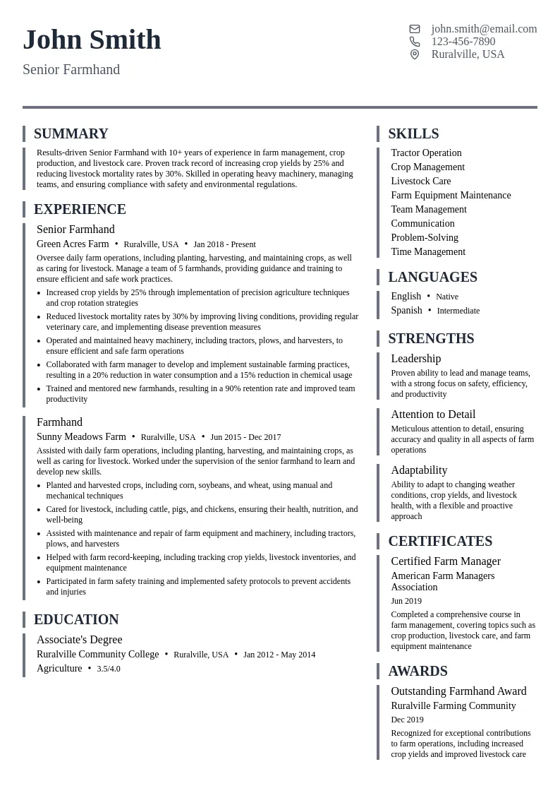 Senior Farmhand resume example