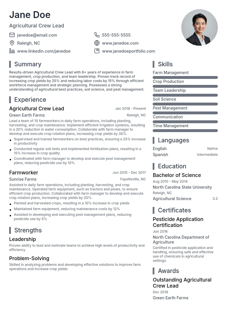Agricultural Crew Lead resume example