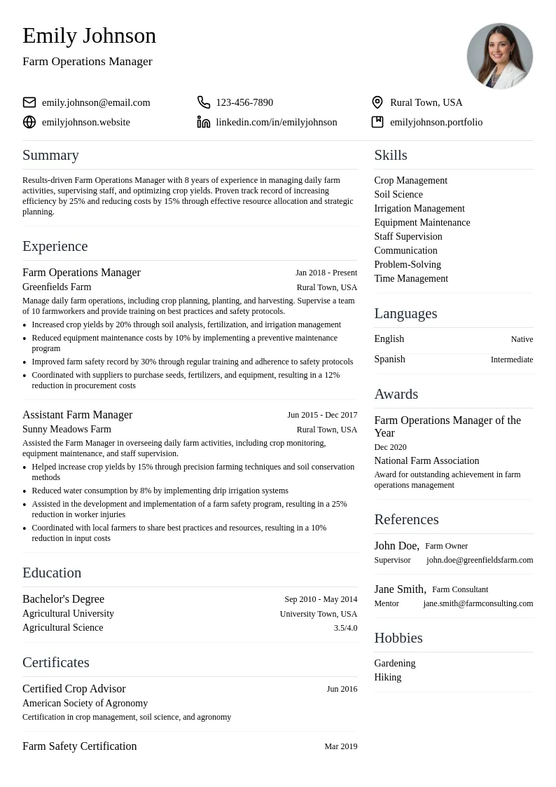 Farm Operations Manager resume example