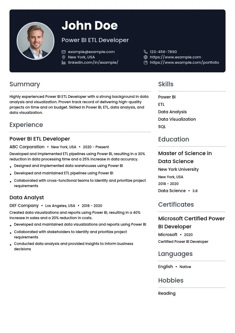 Power BI ETL Developer resume example
