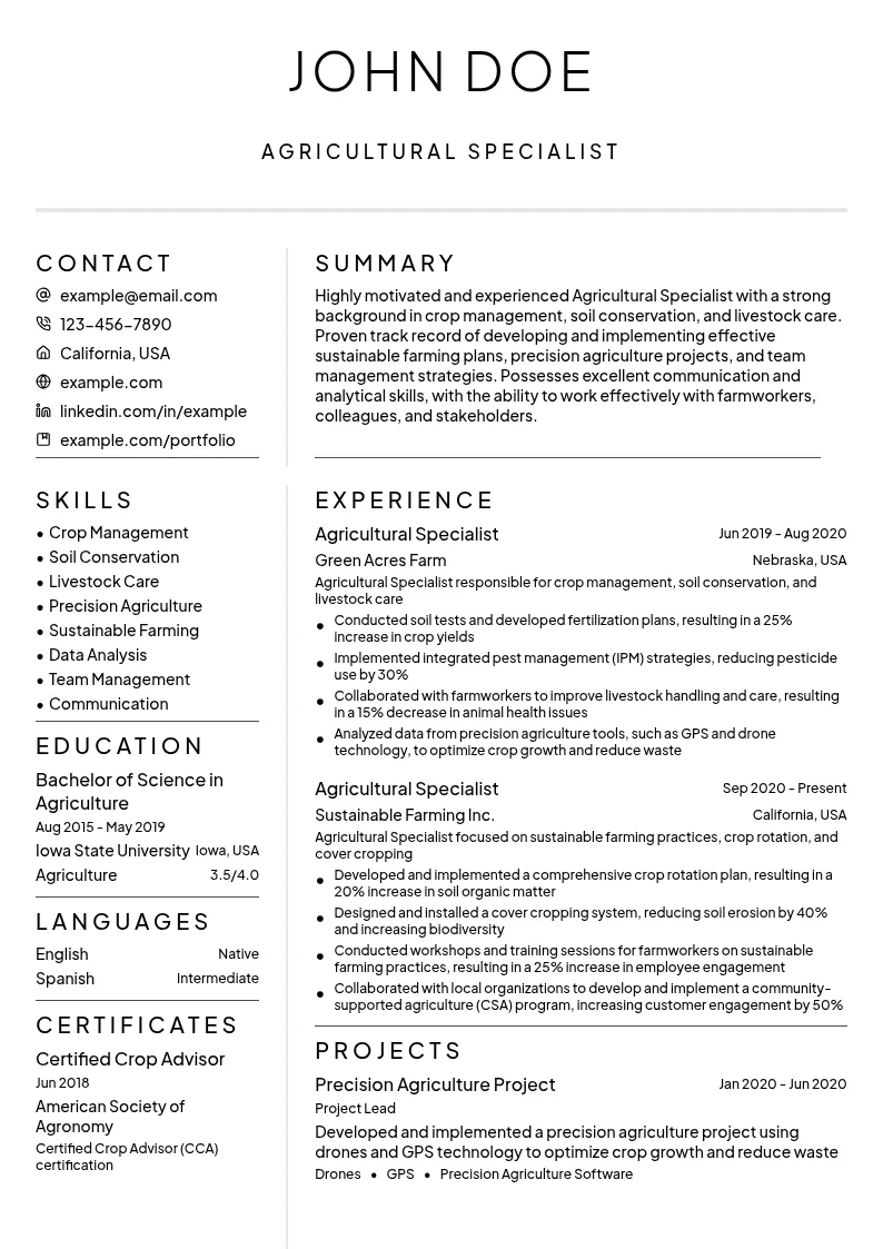 Agricultural Specialist resume example