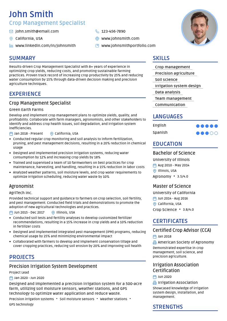Crop Management Specialist resume example