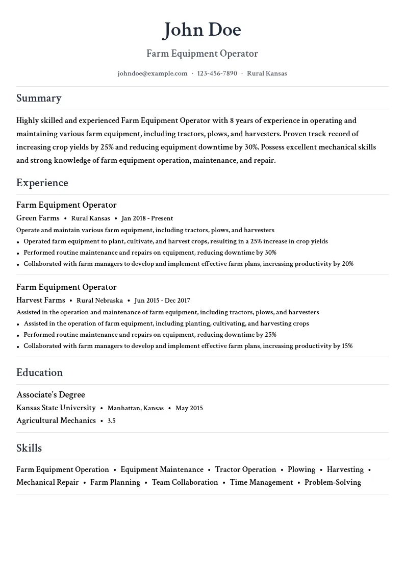 Farm Equipment Operator resume example