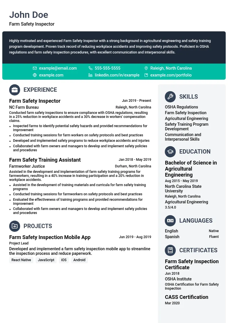 Farm Safety Inspector resume example