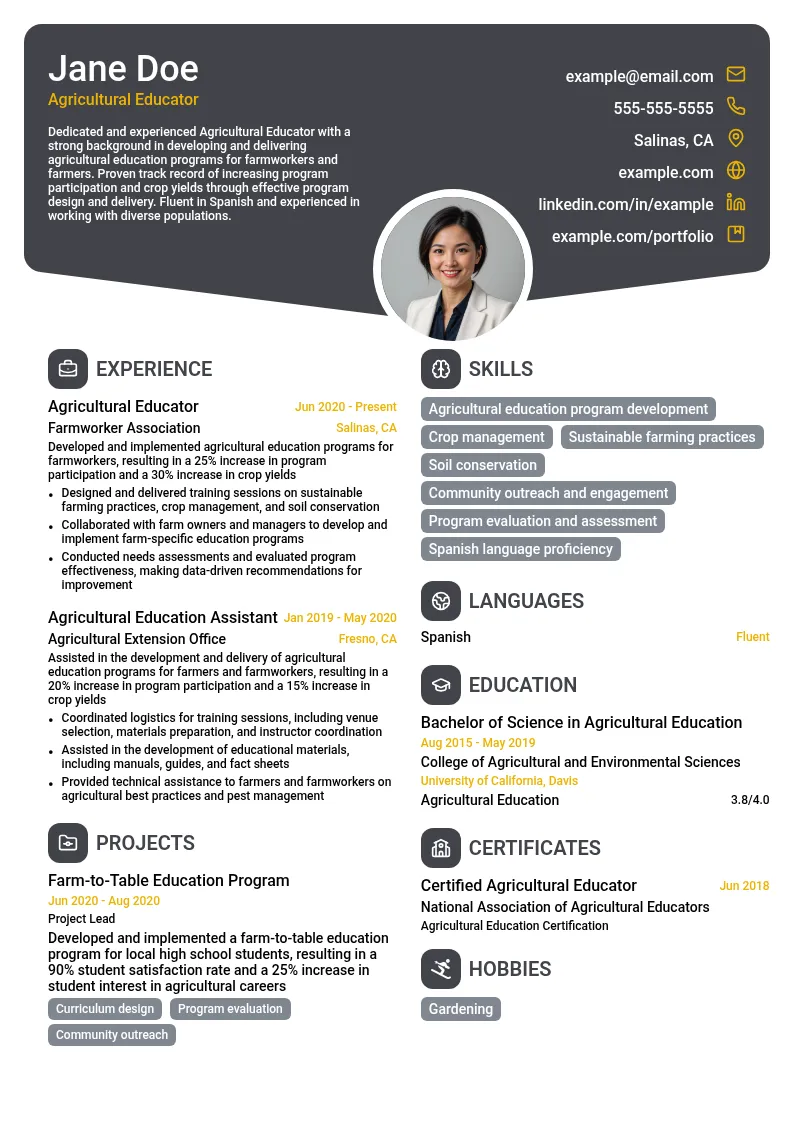Agricultural Educator resume example