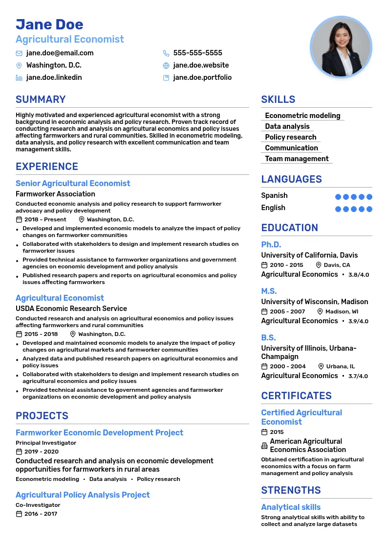 Agricultural Economist resume example