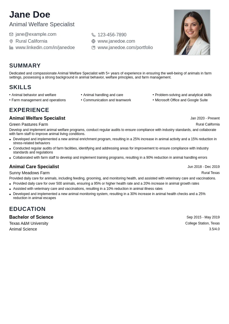 Animal Welfare Specialist resume example