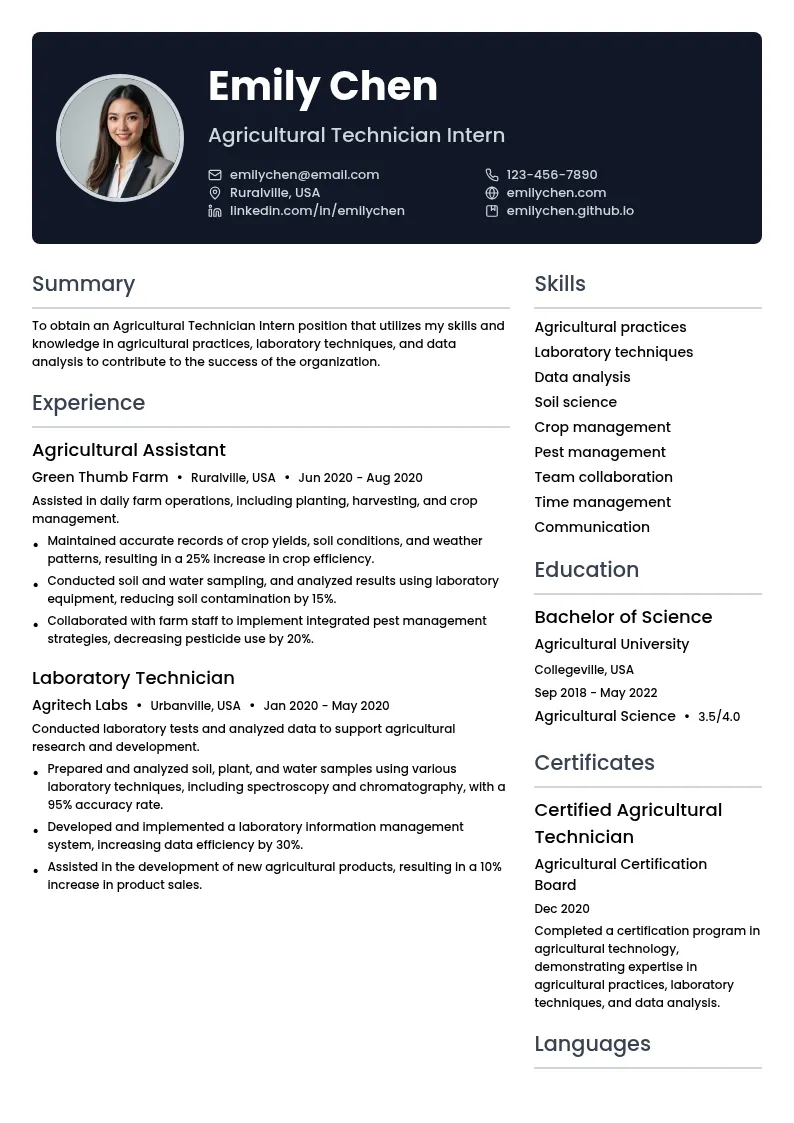 Agricultural Technician Intern resume example