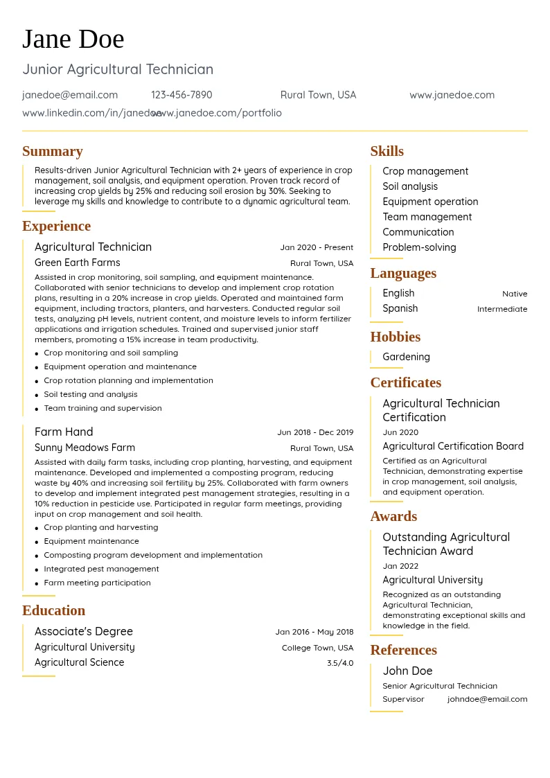 Junior Agricultural Technician resume example
