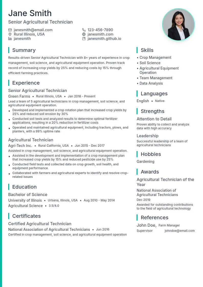 Senior Agricultural Technician resume example