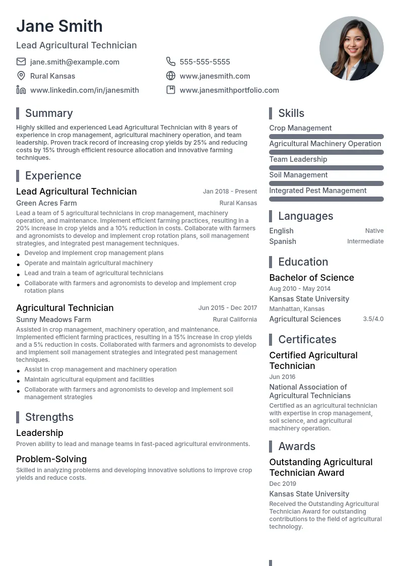 Lead Agricultural Technician resume example
