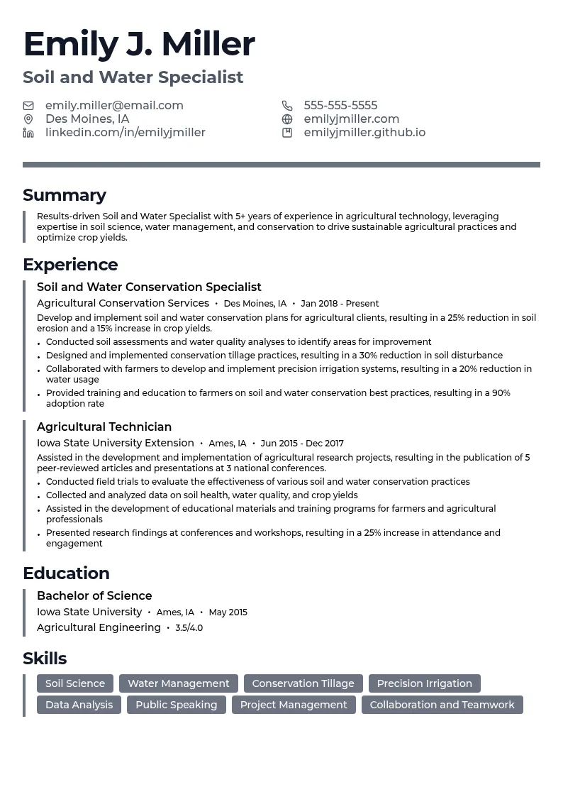 Soil and Water Specialist resume example