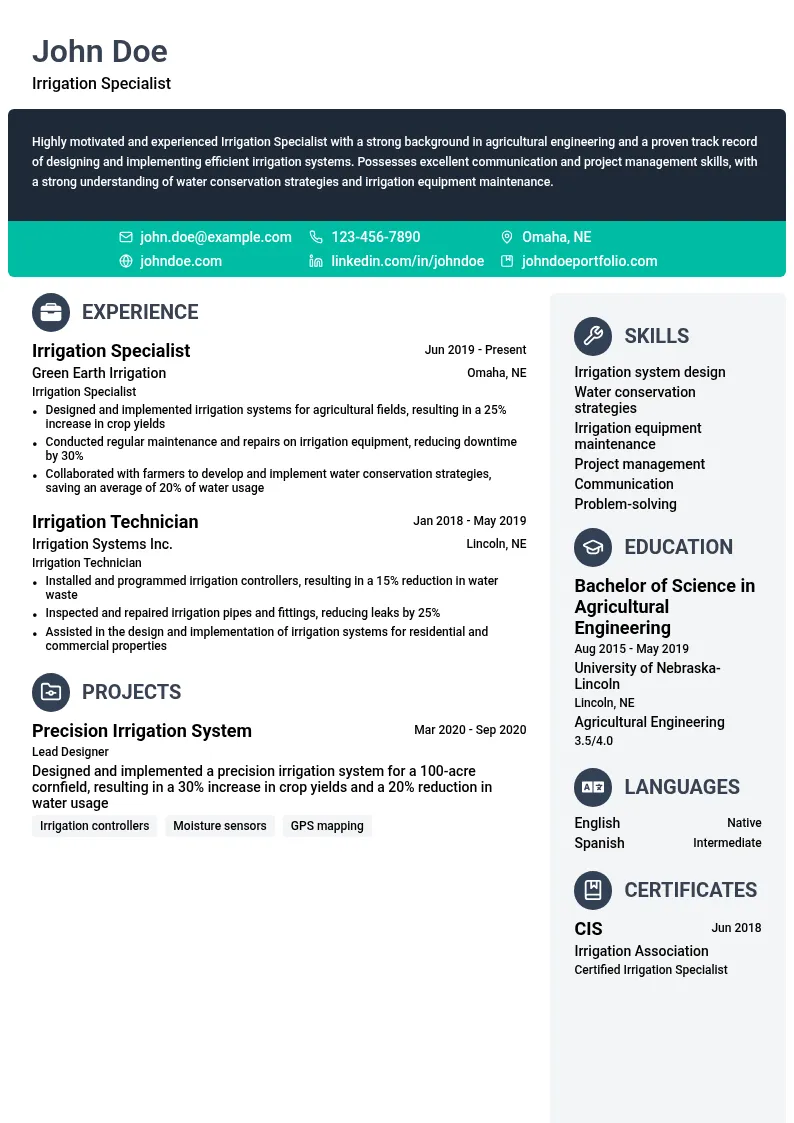 Irrigation Specialist resume example