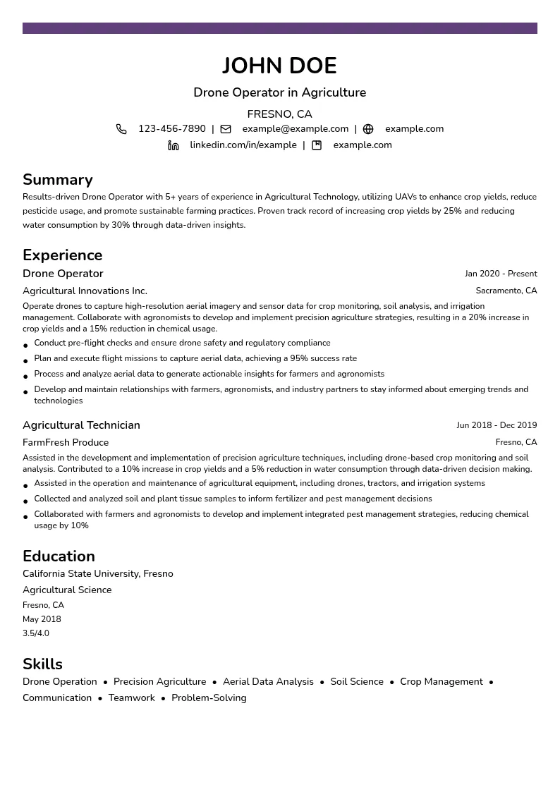 Drone Operator in Agriculture resume example