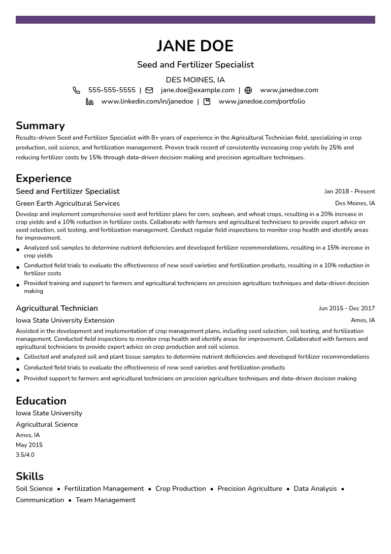 Seed and Fertilizer Specialist resume example