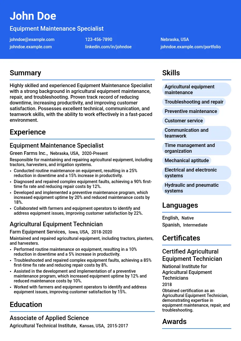 Equipment Maintenance Specialist resume example