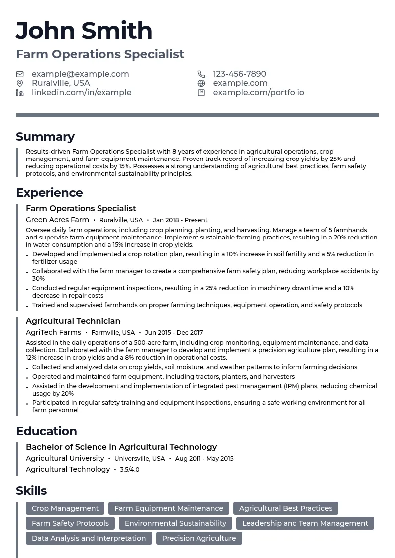 Farm Operations Specialist resume example