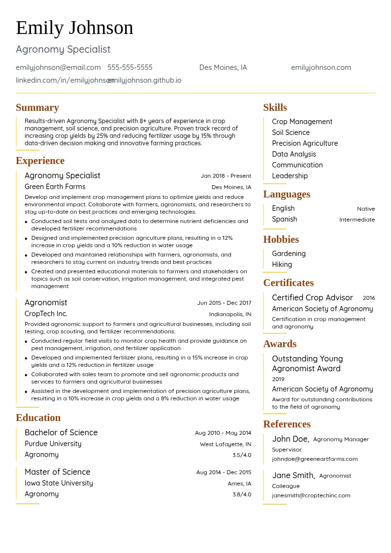 Agronomy Specialist resume example