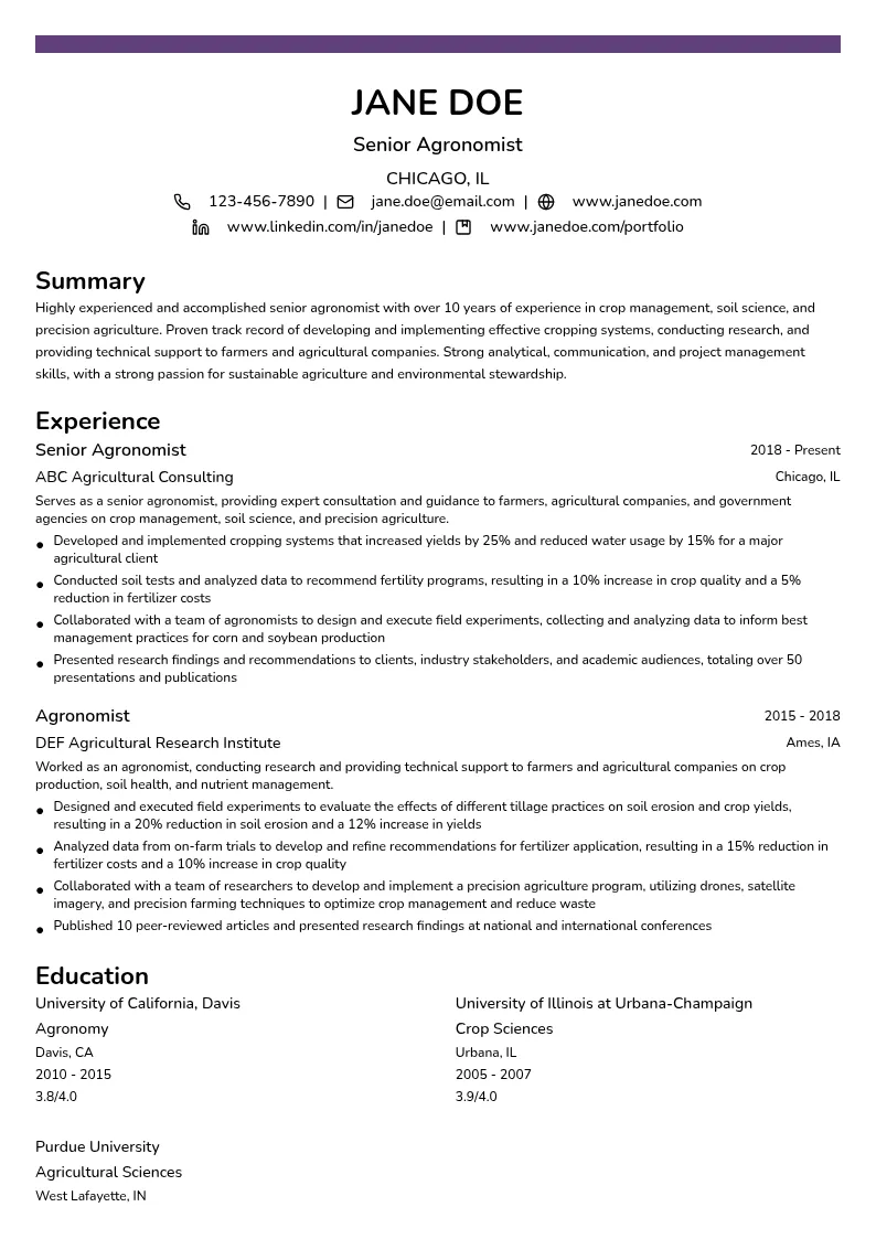 Senior Agronomist resume example