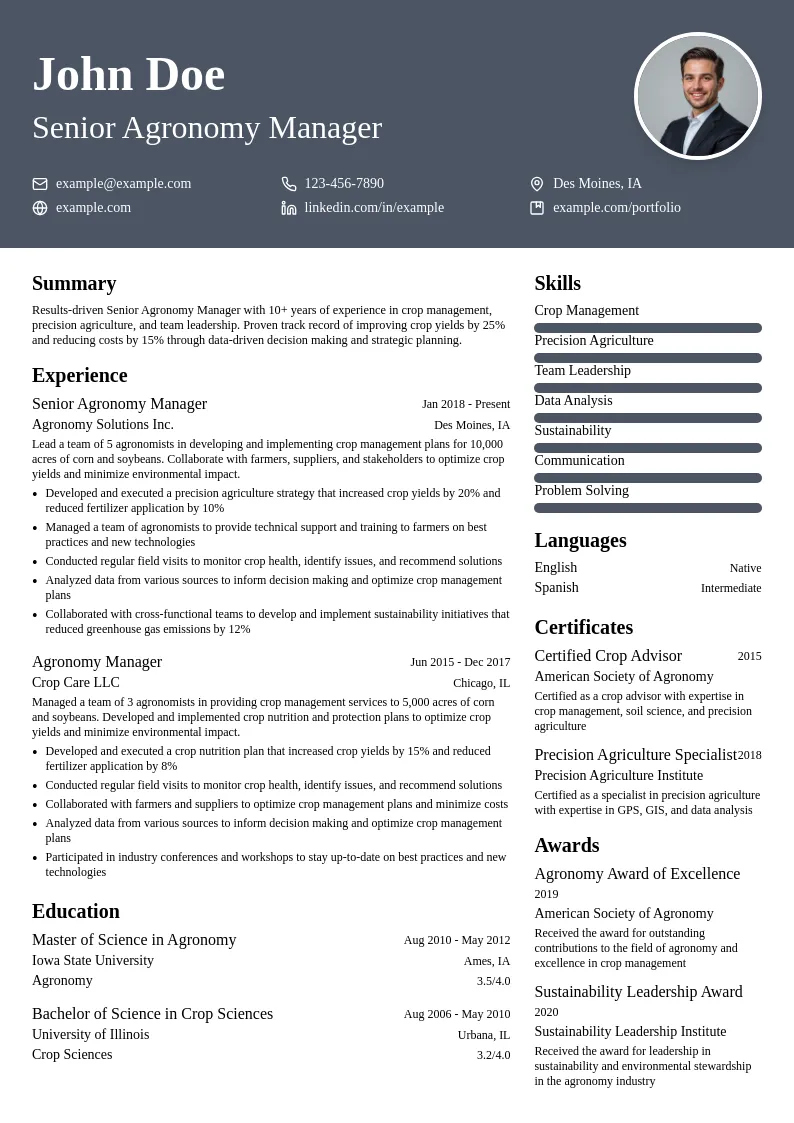 Senior Agronomy Manager resume example