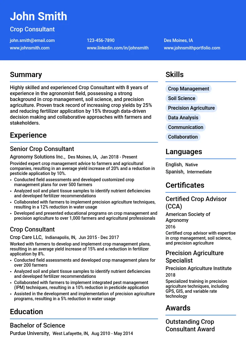 Crop Consultant resume example