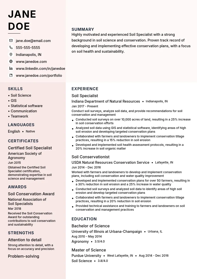 Soil Specialist resume example