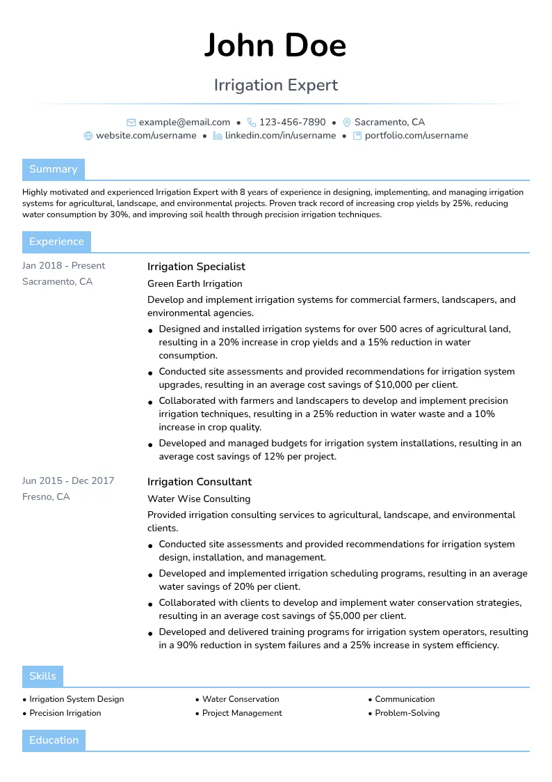 Irrigation Expert resume example