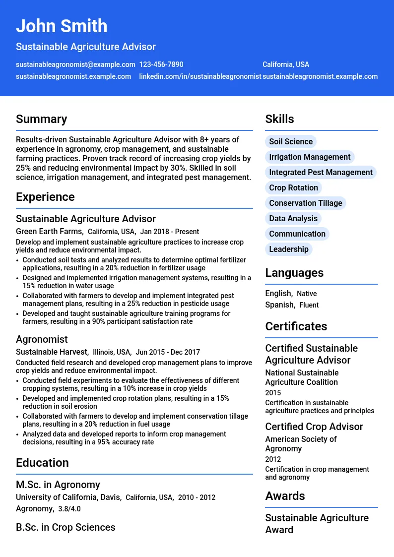 Sustainable Agriculture Advisor resume example