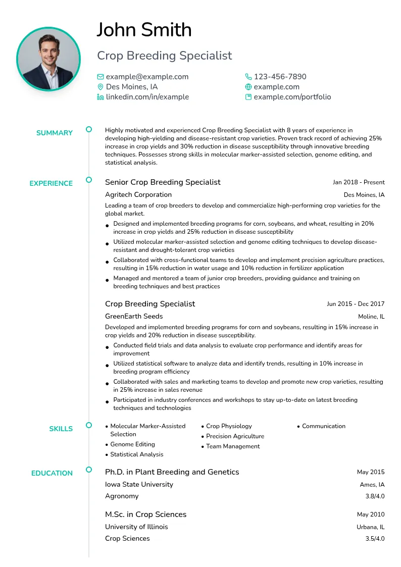 Crop Breeding Specialist resume example