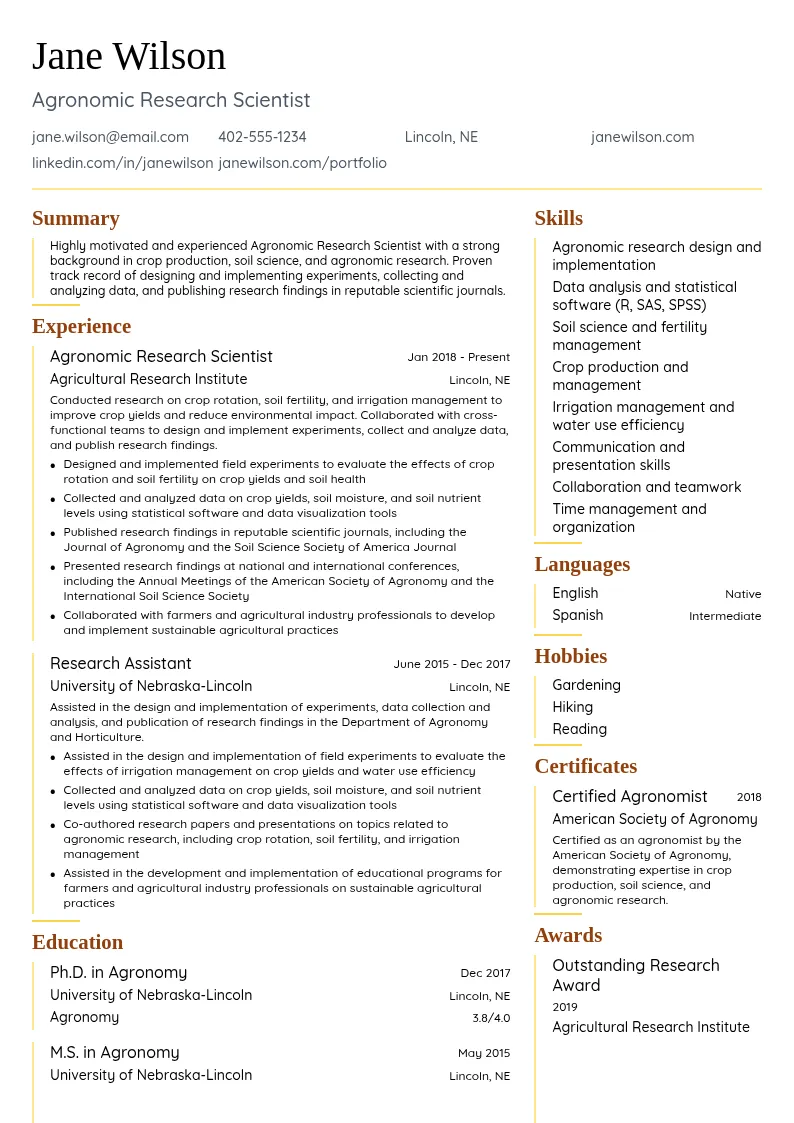 Agronomic Research Scientist resume example