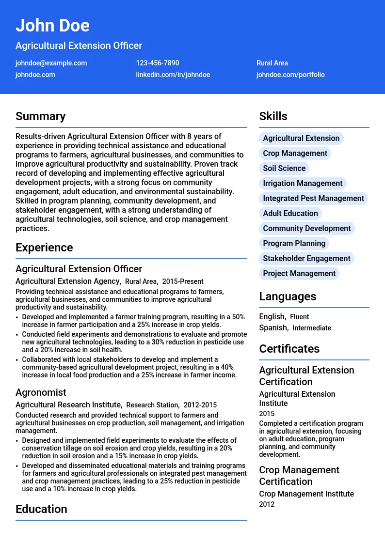 Agricultural Extension Officer resume example