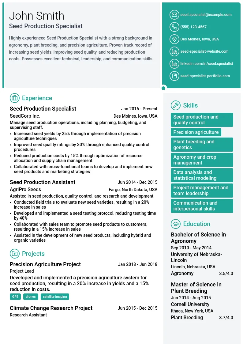 Seed Production Specialist resume example
