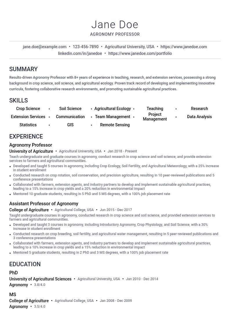 Agronomy Professor resume example