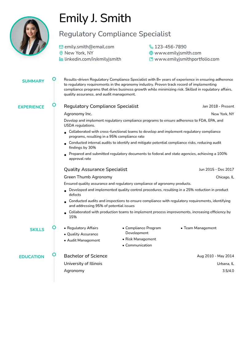 Regulatory Compliance Specialist resume example