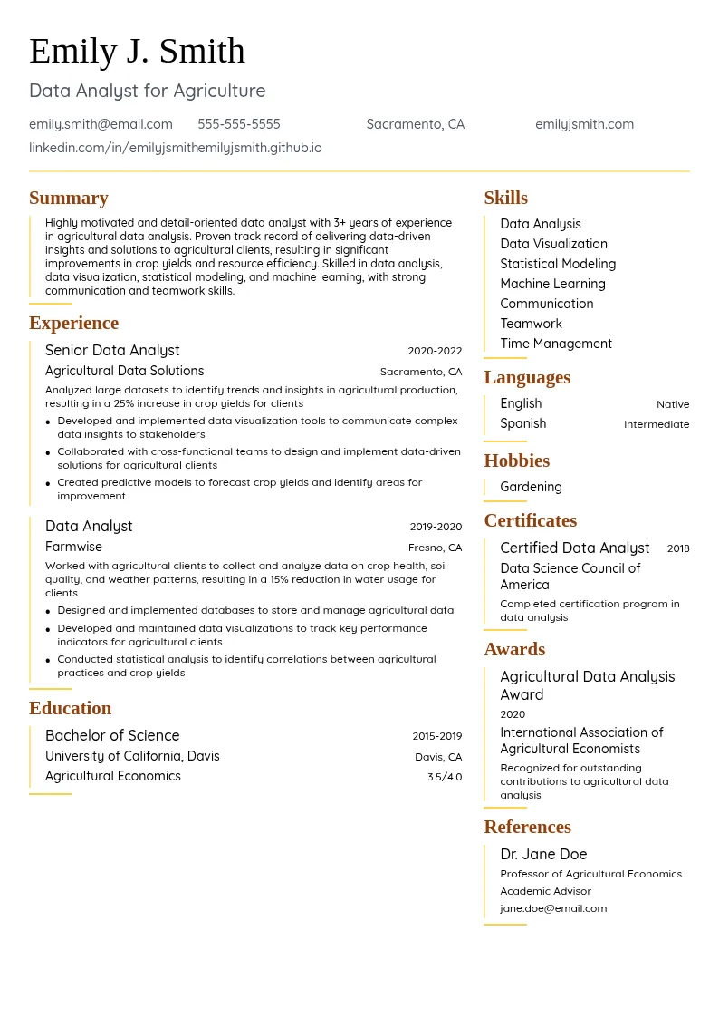 Data Analyst for Agriculture resume example