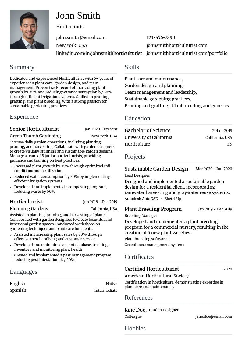 Horticulturist resume example