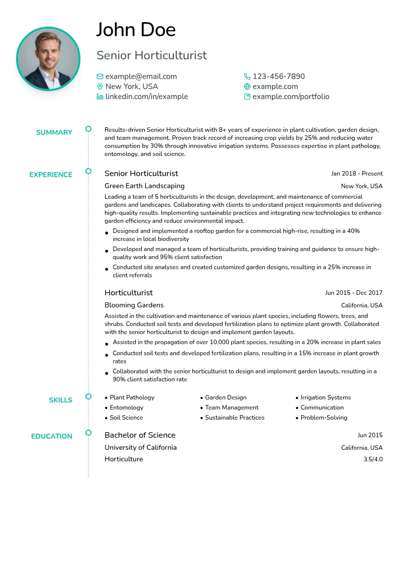 Senior Horticulturist resume example