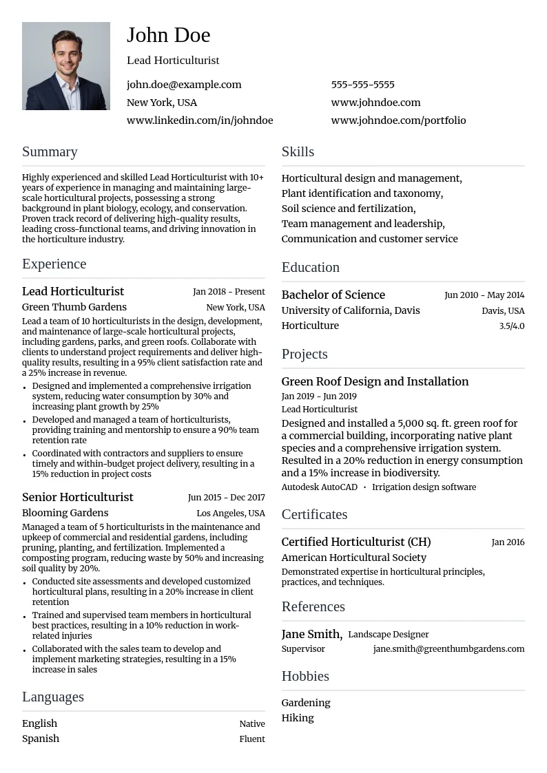 Lead Horticulturist resume example