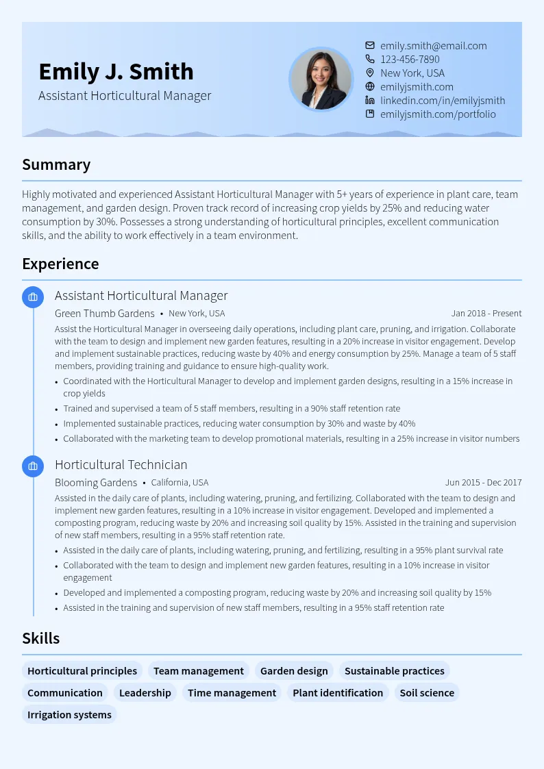 Assistant Horticultural Manager resume example