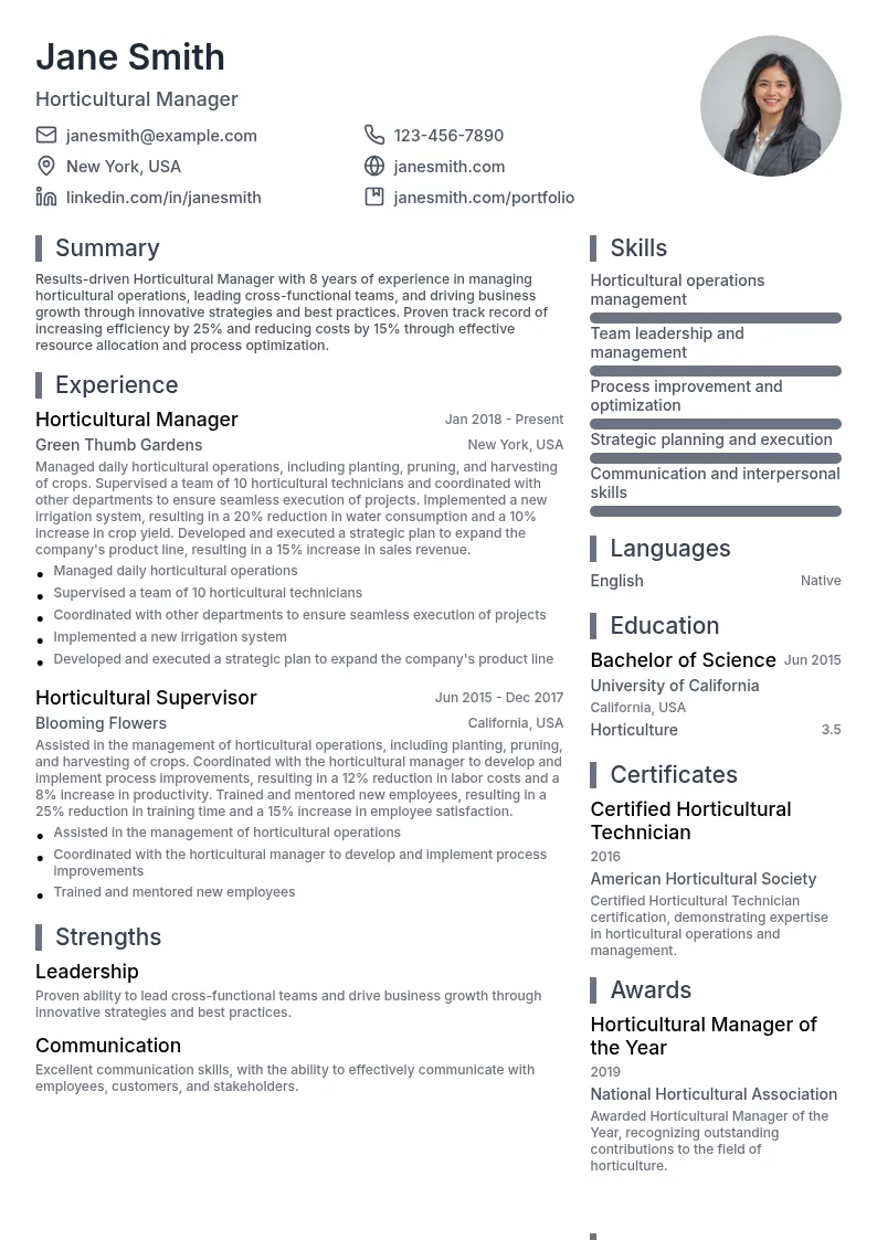 Horticultural Manager resume example