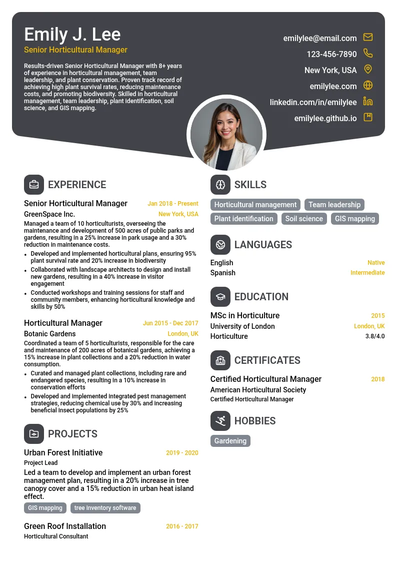 Senior Horticultural Manager resume example