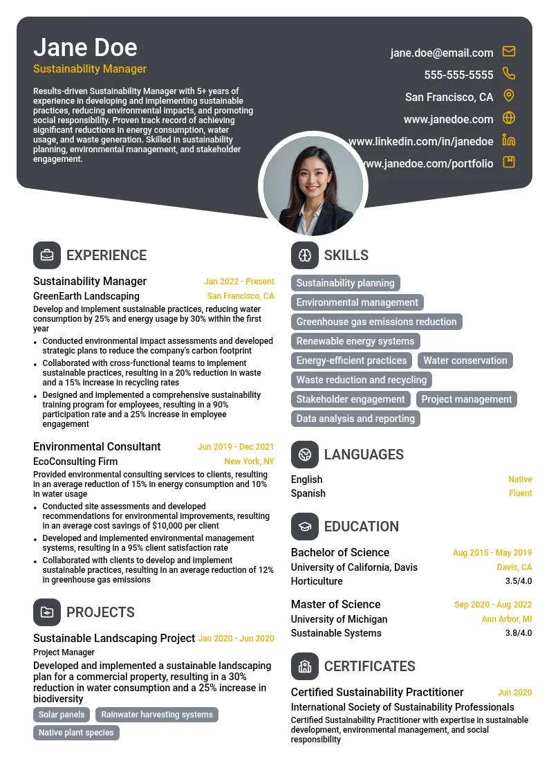 Sustainability Manager resume example